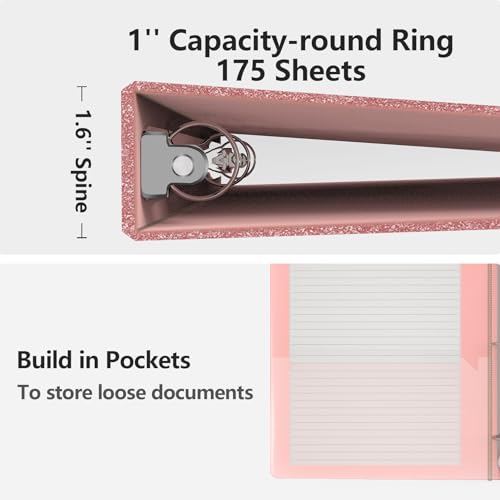 3 Ring Binder, Glitter 1 Inch Organizer, 8.5" x 11" Letter Size, Waterproof Fashion View Binder, Cute for Office School Supplies (Rose Gold) - Image 4