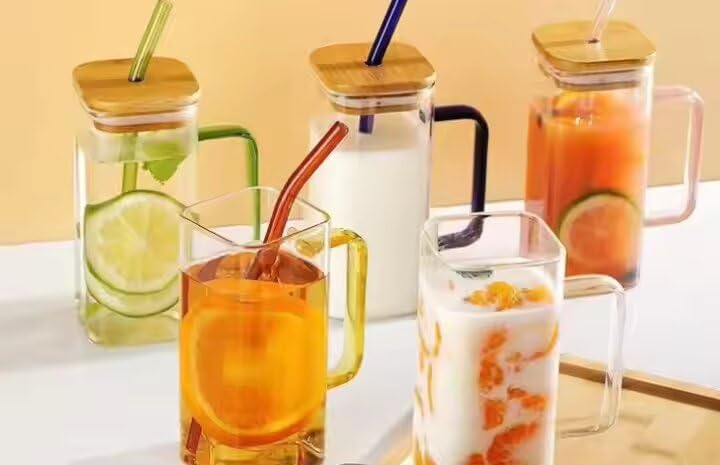 Image of 400ml Square Glass Sipper Tumbler with Lid & Straw - Reusable Can-Shaped Mug for Tea, Coffee, Juice, Milk, Fruit Drinks - Cute Glass Cup for Home, Office - Random Colour - Pack of 1