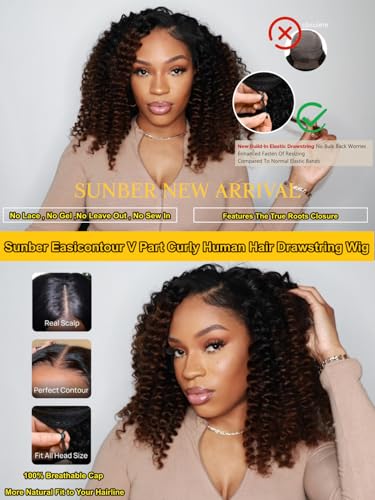Image of EasiContour V Part Human Hair Ombre Chestnut Brown Curly Glueless Wig Upgrade Vpart Wigs No Leave Out No Gel 180% Density V Shape Clip Wigs No Sew in Ready to Go Beginner Friendly 24Inch