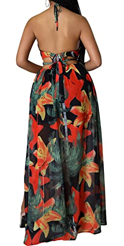 Image of Qikaka Women's Sleeveless Deep V Neck Floral Printed Metal Chain Bodycon Sexy Nightclub Party Boho Dress