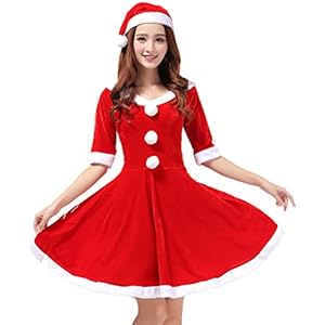 AXDNH Kerstkostuum Zachte Pluche Kerstmiskleding Jurk + Hoed Volwassen Vrouw Kerstmis Outfit Cosplay Kostuum,Rood,One Size