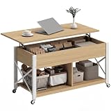 HOMCOM Mesa de Centro Elevable con Ruedas 105x50x67 cm Natural y Blanco