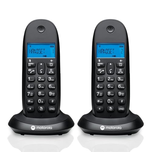 Motorola C1002CB+   Pack de 2 Teléfonos Inalámbricos Digitales DECT   Modo Call Blocking, Identificador de Llamadas, Manos Libres, Agenda 50 números, Pantalla Retroiluminada   Color Negro