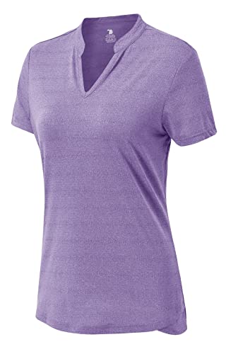 YSENTO Damen Laufshirt Kurzarm Sport Funktionsshirt atmungsaktive V-Ausschnitt Sportbekleidung Yoga Gym Shirts(Violett,M)