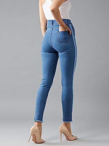 Image of Dolce Crudo Women's Blue Skinny High Rise Clean Look Fringe and Silky Denim Tape Detailing Cropped Denim Jeans