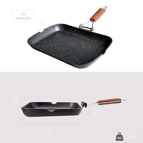 Miniatura 5 de Wecook! Ecochef Grill Asador Inducción Liso 34 X 24cm, Antiadherente Quantanium Ecológico Sin Pfoa, Aluminio Fundido, 5mm Espesor, Mango Madera Plegable, Apta Todas Las Cocinas Vitrocerámica, Gas