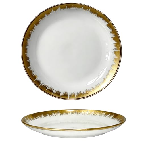 Set 4 Piatti in Ceramica Bianco Oro 23cm con Bordo Dorato Artistico,Piatti da Dessert,Piatti da Antipasto,Bistecca, Colazione,Pasta e da Portata, Stoviglie Moderne per Tavola,Pranzo,Cena,Buffet