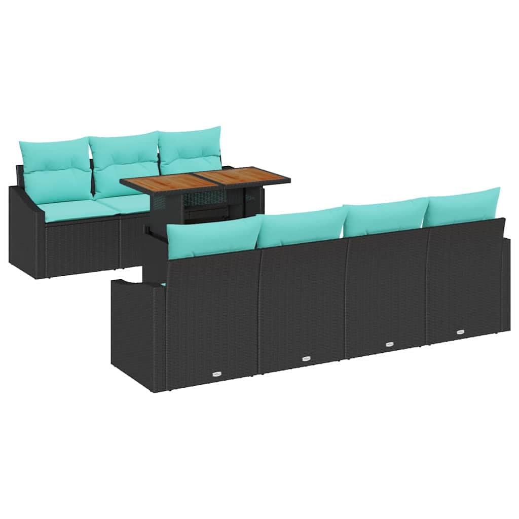 Set Salle à Manger Jardin 8 Pièces Poly Rotin Noir et Turquoise
