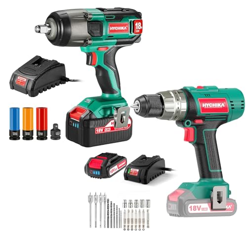 HYCHIKA 18 V Max Cordless Impact Wrench, Cordless Hammer Drill Driver 18V, 2-Tool Power Tool Combo Kit 18 V Impact Wrench+18v Drill Driver