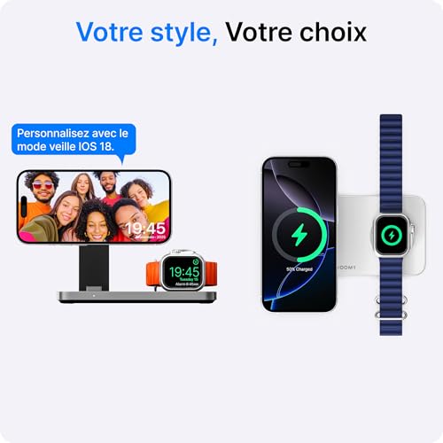 Chargeur Induction 3-en-1 compatible MagSafe 15W pour iPhone noir