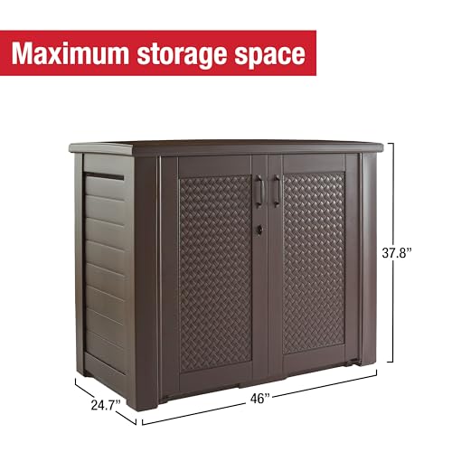 Image of Rubbermaid Decorative Outdoor Storage Cabinet (123 Gal), Weather Resistant, Brown, Organization for Home /Backyard /Pool Chemicals /Toys /Garden Tools /Porch /Patio Cushions