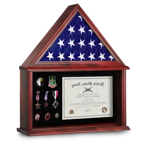 IHEIPYE Large Military Burial Flag Display Case for Folded Veteran Burial Flag and Military Medals - Solid Wood Shadow Box Gift with Real Glass Certificate Holder -Mahogany