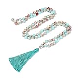 BALIBALI Collar de 108 cuentas de mala, piedras semipreciosas, collar de meditación con 108 cuentas de Japa Mala anudadas a mano con colgante de árbol de la vida, Piedra Shoushan, Piedra shoushan