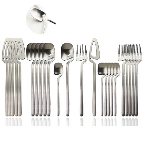 JASHII Silverware Set Satin Finish 24-Piece Stainless Steel Flatware Set Kitchen Utensil Set Service for 6 Tableware Cutlery Set Dishwasher Safe (Matte Silver)
