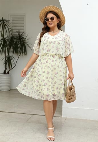 Image of Keluummi Plus Size Wedding Guest Dress for Curvy Women, Boho Floral Empire Waist Midi with Sleeve