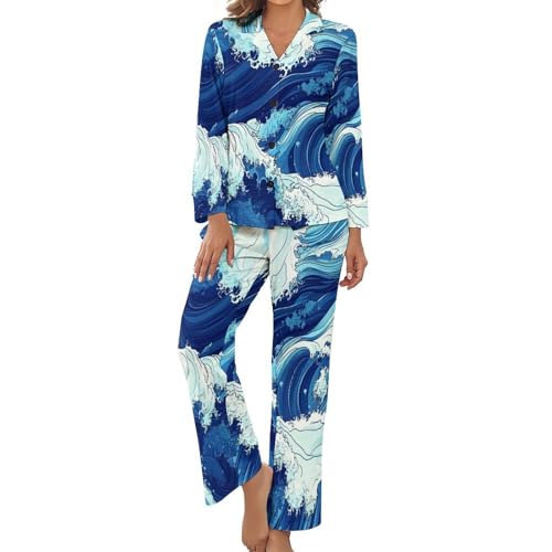 Pyjama grande taille femme avec imprimé vagues japonaises, ensemble d'intérieur haut de gamme