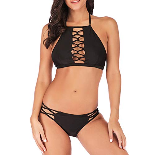 Preisvergleich Produktbild Damen Zweiteiliger Tankini gepolsterter Bikini mit Blumenmuster Schnür-Tankini Oberteil hochtaillierte Shorts Badeanzug sexy Tank-Stil top Sommer Badebekleidung Strandparty Strandmode C-Black(B) L