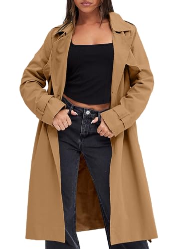 Fisoew Women's Double Breasted Trench Coats Causal Windproof Long Lapel Pocketed Overcoat...