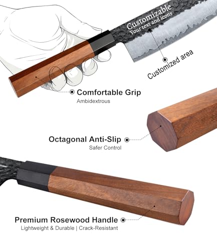 Image of FAMCUTE 8'' Engraved Custom Japanese Knife, Hand-Forged Chef Knife with 5-Layer 9CR18MOV Steel and Non-Slip Rosewood Handle Kitchen Knife, Christmas Gift for People Who Love to Cook in Sandalwood Box