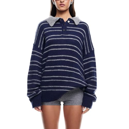 Polo Striped Sweater Women Y2K Long Sleeve V Neck Collared Rugby Jersey Shirt Oversized Button Up Pullover Knit Golf Tops