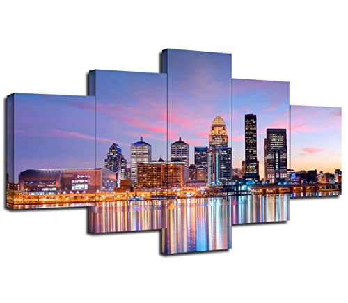 Louisville Skyline Wall Art, Kentucky City Wall Decor, Canvas Print Downtown Cityscape Poster Picture Painting Framed Home Living Room Bedroom Decoration 5 Panels Ready To Hang(60''Wx32''H) #TOP27