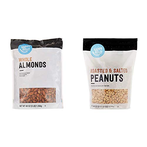 Amazon Brand - Happy Belly Whole Raw Almonds, 48 Ounce & Happy Belly Roasted and Salted Peanuts, 44 Ounce