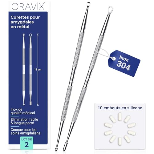 Oravix Curette pour Amygdales en Métal – Lot de 2 (18 cm), Kit Caseum Amygdale contre la Mauvaise Haleine, Kit Extraction Caseum avec 10 Embouts en Silicone