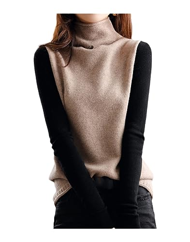 Mnjyihy Women's Cashmere Sweater Vest Women's Turtleneck Wool Knit Loose Sleeveless Pullover Sweater khaki9 M