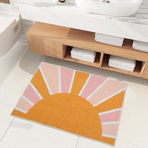 Image of Boho Bathroom Rugs 2x3 Washable Area Rug Modern Abstract Sun Print Non-Slip Bath Mat Distressed Floor Mat Carpet for Bedroom Bathroom Entryway Rainbow Sun