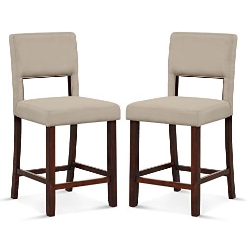 Image of COSTWAY Bar Stools Set of 2, Linen 24.5 Inch Counter Height Chairs with Hollowed Backs, Rubber Wood Legs, Upholstered Barstools for Kitchen Island Home Bar Pub Dining Room, Beige