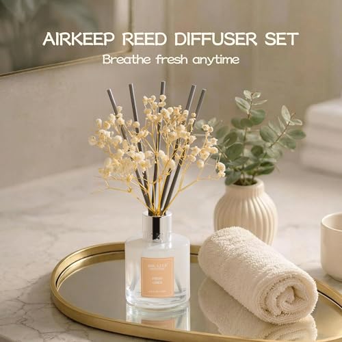 Image of Airkeep Reed Diffuser Set,3.38 fl oz (100 ml) - Fresh Linen Oil Diffusers with 8 Reed Sticks, Home Fragrance Reed Diffuser for Bathroom Shelf Decor
