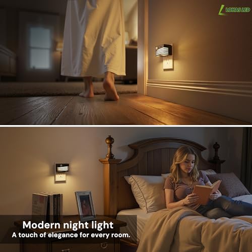 Image of L LOHAS LED Motion Sensor Night Lights, [2 Pack] Dimmable Night Light Plug into Wall with Dusk-to-Dawn Sensor, Adjustable Brightness, 3000K Plug in Nightlight for Bedroom Bathroom Hallway (Black)