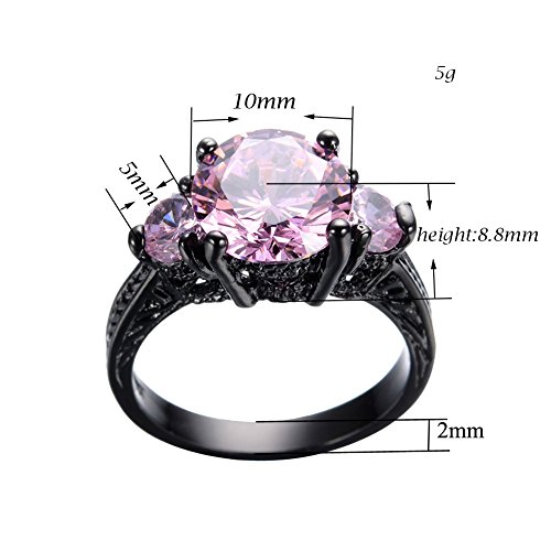 Junxin Pink Diamond Round Cut Three-Stone Ring Black Gold Plated Engagement Wedding Size6/7/8/9/10(9) #TOP3