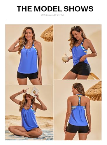 Aleumdr Womens Blouson Striped Printed Push up Strappy T-Back Tankini Top with Shorts(Available in Plus)4