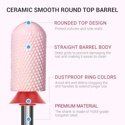 Image of MelodySusie Ceramic Nail Drill Bit, 3 /32'' Smooth Round Top Large Barrel Bits, Suitable for Manicure Pedicure Cuticle Gel Polishing, Beginners Bits, Pink, Series Bit-S, Fine