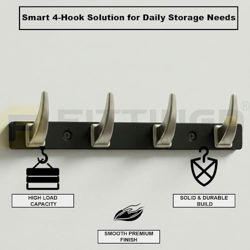 Image of 4 Hook Stylish Clothes Hanger for Wall /Clothes Hanging Hooks for Door /Wall Mounted Hanger for Clothes (Satin with Black) Pack of 4-| 3 Years Warranty |
