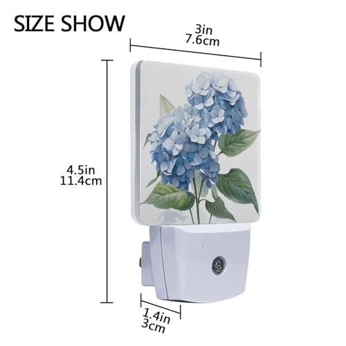 Image of Blue Hydrangeas Flower Night Lights 2 Pack Plug-in Wall Led Nightlight Auto Dusk-to-Dawn Sensor Lamps for Bedroom Kitchen Bathroom