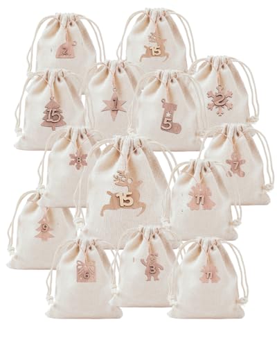 Kit DIY Calendrier de l’Avent Réutilisable en Tissu Coton avec Chiffres en Bois DIY, à assembler soi-même – 24 Pochons Cadeaux – Durable, Écologique et Décoratif