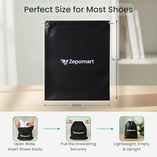 Image of Shoe Bag for Travel & Storage 16 x 12 Inch with FREE Shoe Cover, Dustproof & Water-Resistant Non Woven Shoe Organizer for Men & Women, Footwear Bag for Luggage, Gym & Home (Black, Pack of 1)