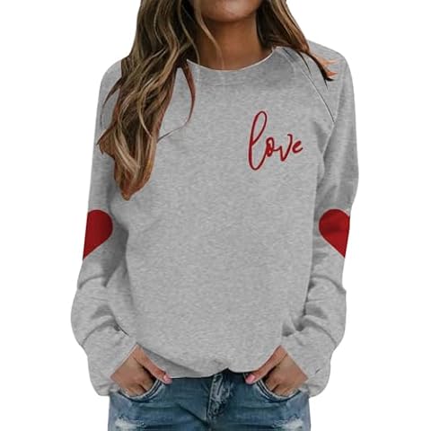 Aniywn Valentines Day Shirts Women Love Heart Print Graphic Tees Cute Long Sleeve Crewneck Tops Casual Sweatshirts Blouses Cover