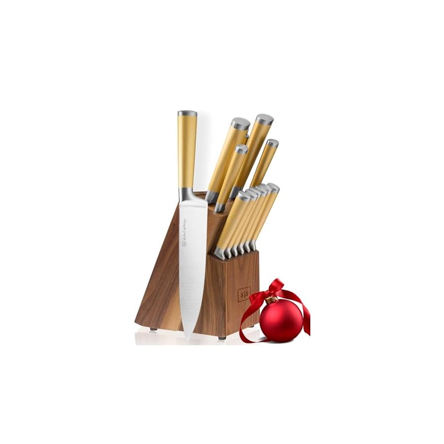 Gold Knife Set with Walnut Block – 13-Piece Full Tang Stainless Steel Kitchen Knives – Durable Gold Kitchen Accessories for Cooking and Food Prep