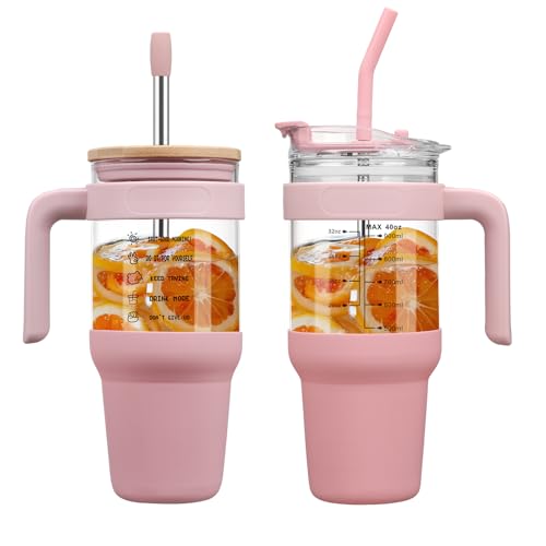 chunmo Vaso de vidrio de 40 onzas con 2 tapas, tapa de popote de bambú y tapa de popote abatible 2 en 1, taza de café helado con asa, botellas de agua de vidrio con funda de silicona, taza de vidrio