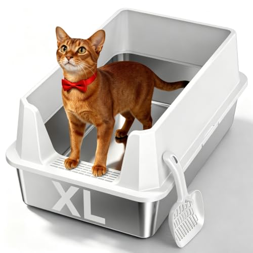 Stainless Steel XL Cat Litter Box for Big Cats, High-Sided Design Prevents…