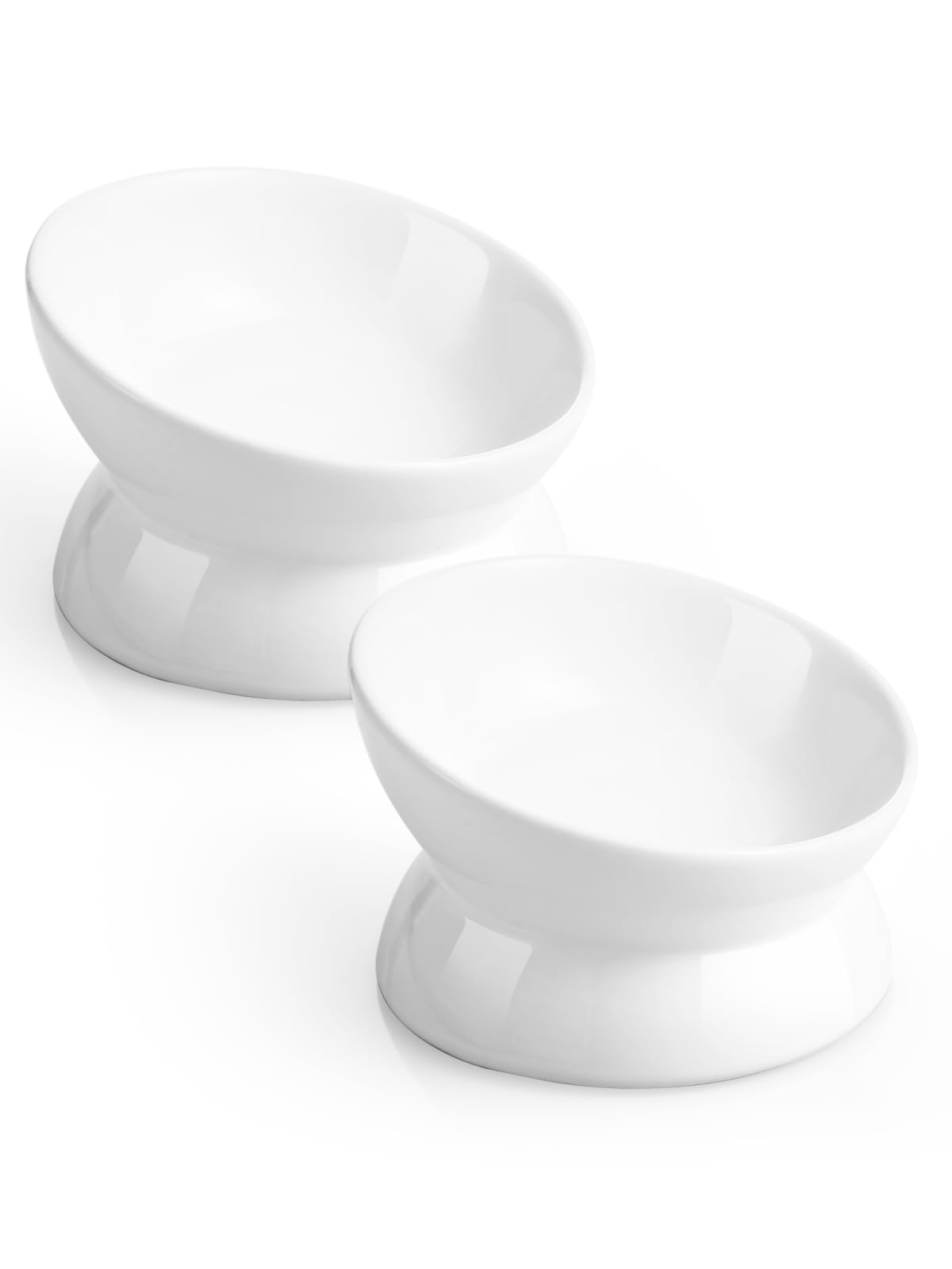 LoeJan Elevated Cat Food Bowl, 5 Oz Ceramic Raised and Tilted Water Bowl, Anti Vomiting and Protect Pets' Spines Dishes for Small Dog, Fat Faced Cat, Kitten (White, 2 Pack)