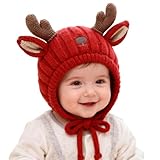 Baby Wintermütze Junge Mädchen Weihnachtsmütze Niedliche Geweih Strickmütze Winter Warm Mütze Fleecefutter Ohrenschützer Hut Gemütliche Kopfbedeckung für Neugeborene Kleinkinder (Red, 0-24 Months)