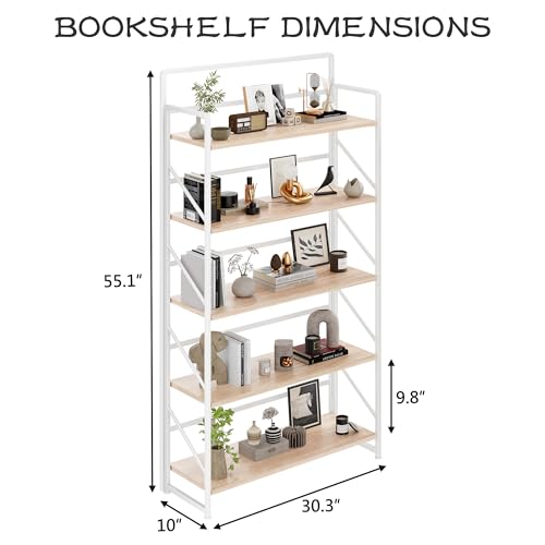 Image of JSB Folding Bookshelf,Industrial Storage Shelves, No Assembly Vintage Wood Look Bookshelf with Storage Shelves for Living Room, Bedroom, Office (White, Wide 5-Tier)