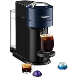 Nespresso Vertuo Next Coffee & Espresso Maker by Breville, Navy Blue | Navy blue coffee machine with slim, sustainable design. Brews 6 cup sizes, espresso to 18 oz., all topped with crema.