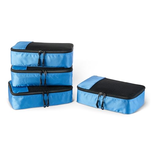 Amazon Essentials 4-Piece Packing Cubes Travel Accessories Set, Luggage Organiser with Double Zip, Mesh Top, 100% Polyester, Small, Sky Blue (Previously Amazon Basics)