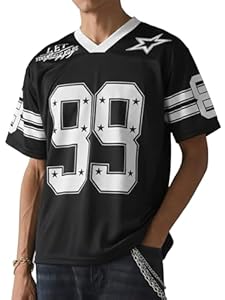 HAWILAND V Ausschnitt T Shirt Herren Oversized Football Trikot Kurzarm Sportshirt Herren Streetwear Y2K Hip Hop Outfit Schwarz M
