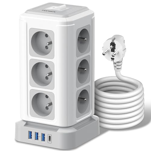 Regleta de enchufes TOPREK con 12 Tomas de CA francesas, 1 USB C (PD3.0 de 20 W), 3 USB A, 1 Interruptor y Cable alargador de 2 m, 3680W/16A, protección contra sobretensiones para Oficina y hogar